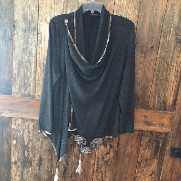Radzoli M Gray Button Side Wrap Dangling Front Tassels Elegant Boho Cape Sweater - Picture 4 of 9